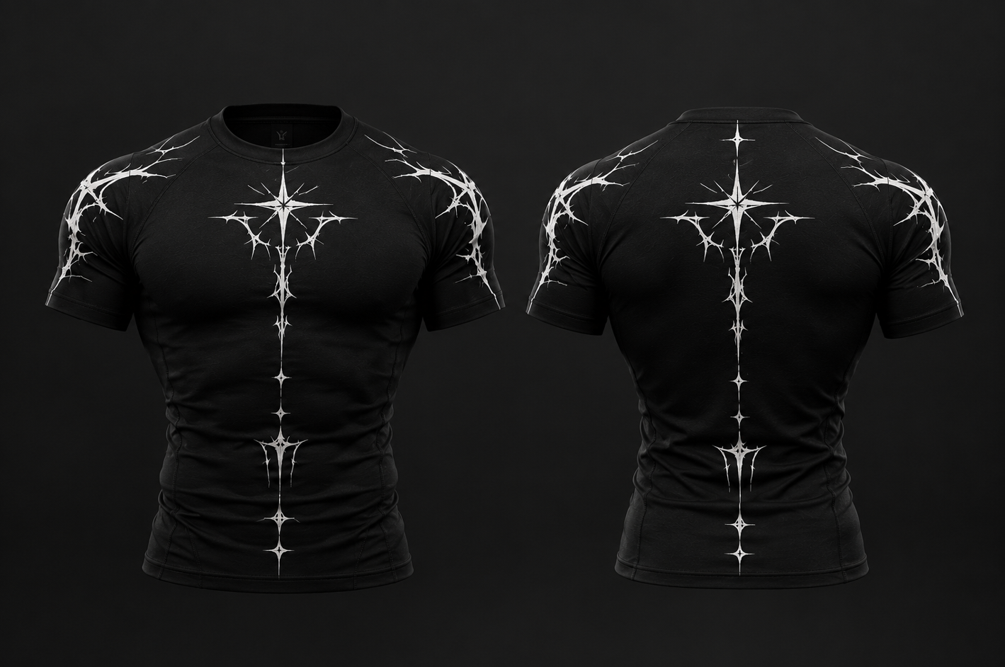 VELTHARA Drop 01 Origin, version homme, haut de compression noir, vue face et dos
